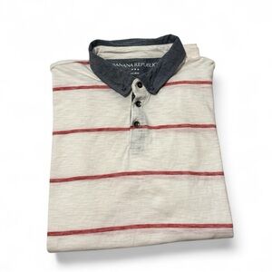 Banana Republic Men's Cream Cotton Vintage Polo Red Stripes Navy Collar Preppy